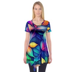 Ai Generated Artwork Leaves Nature Pattern Short Sleeve Tunic 