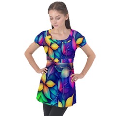 Ai Generated Artwork Leaves Nature Pattern Puff Sleeve Tunic Top