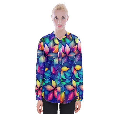 Ai Generated Artwork Leaves Nature Pattern Womens Long Sleeve Shirt by Jancukart