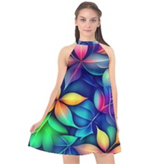 Ai Generated Artwork Leaves Nature Pattern Halter Neckline Chiffon Dress  by Jancukart