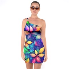 Ai Generated Artwork Leaves Nature Pattern One Shoulder Ring Trim Bodycon Dress by Jancukart