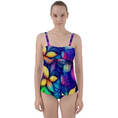 Ai Generated Artwork Leaves Nature Pattern Twist Front Tankini Set by Jancukart