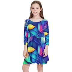 Ai Generated Artwork Leaves Nature Pattern Kids  Quarter Sleeve Skater Dress