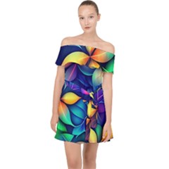 Ai Generated Artwork Leaves Nature Pattern Off Shoulder Chiffon Dress