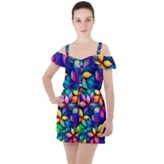 Ai Generated Artwork Leaves Nature Pattern Ruffle Cut Out Chiffon Playsuit