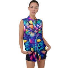 Ai Generated Artwork Leaves Nature Pattern Sleeveless Chiffon Button Shirt