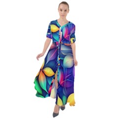 Ai Generated Artwork Leaves Nature Pattern Waist Tie Boho Maxi Dress