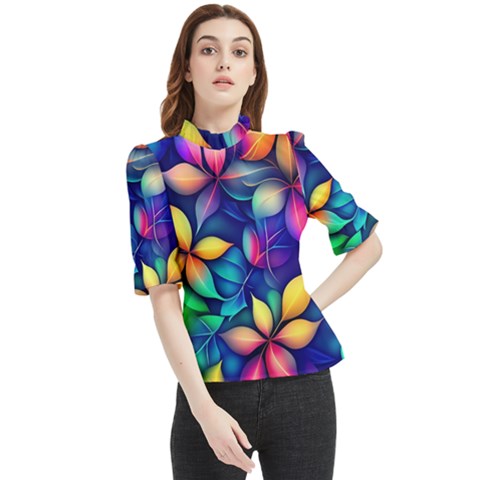 Ai Generated Artwork Leaves Nature Pattern Frill Neck Blouse by Jancukart