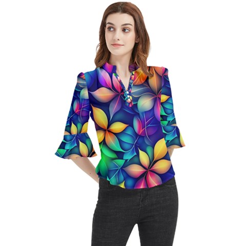 Ai Generated Artwork Leaves Nature Pattern Loose Horn Sleeve Chiffon Blouse by Jancukart