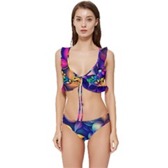 Ai Generated Artwork Leaves Nature Pattern Low Cut Ruffle Edge Bikini Set