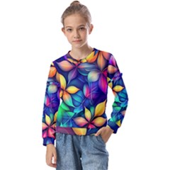 Ai Generated Artwork Leaves Nature Pattern Kids  Long Sleeve Tee With Frill 