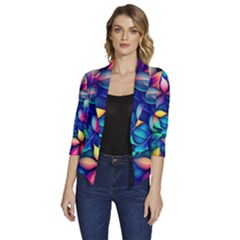 Ai Generated Artwork Leaves Nature Pattern Women s Draped Front 3/4 Sleeve Shawl Collar Jacket by Jancukart