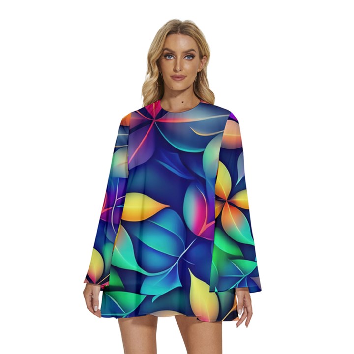 Ai Generated Artwork Leaves Nature Pattern Round Neck Long Sleeve Bohemian Style Chiffon Mini Dress