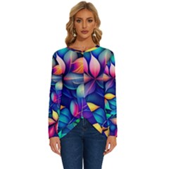 Ai Generated Artwork Leaves Nature Pattern Long Sleeve Crew Neck Pullover Top by Jancukart