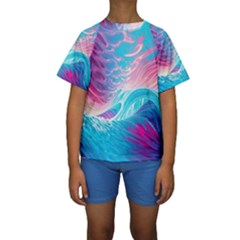 Tsunami Waves Ocean Sea Nautical Nature Water 6 Kids  Short Sleeve Swimwear