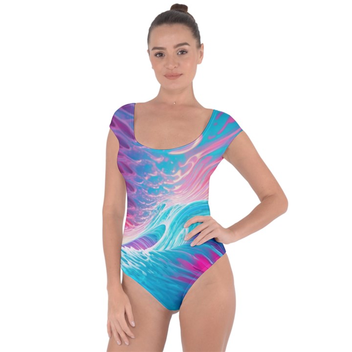 Tsunami Waves Ocean Sea Nautical Nature Water 6 Short Sleeve Leotard 