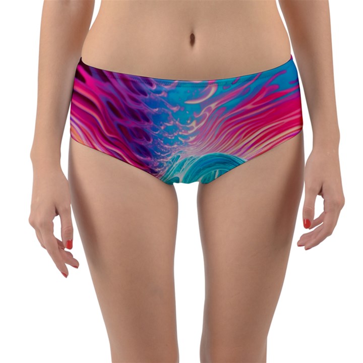 Tsunami Waves Ocean Sea Nautical Nature Water 6 Reversible Mid-Waist Bikini Bottoms