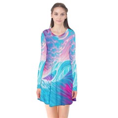 Tsunami Waves Ocean Sea Nautical Nature Water 6 Long Sleeve V-neck Flare Dress