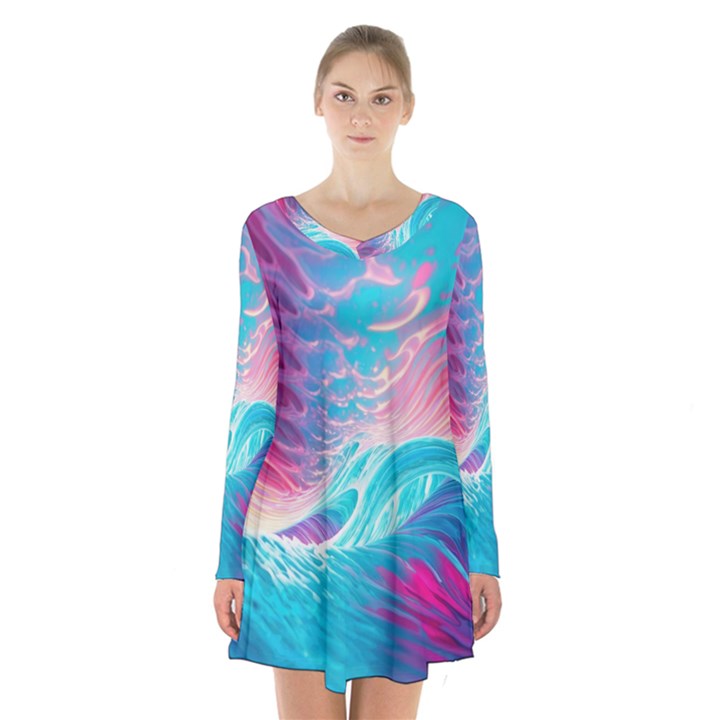 Tsunami Waves Ocean Sea Nautical Nature Water 6 Long Sleeve Velvet V-neck Dress