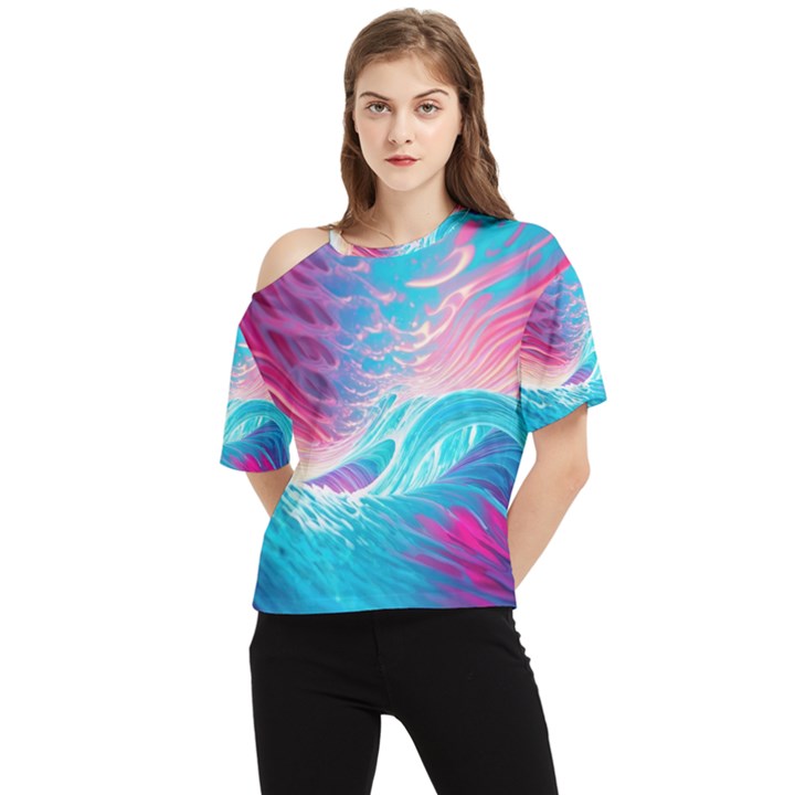 Tsunami Waves Ocean Sea Nautical Nature Water 6 One Shoulder Cut Out Tee