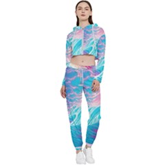 Tsunami Waves Ocean Sea Nautical Nature Water 6 Cropped Zip Up Lounge Set by Jancukart