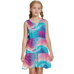 Tsunami Waves Ocean Sea Nautical Nature Water 6 Kids  Sleeveless Tiered Mini Dress