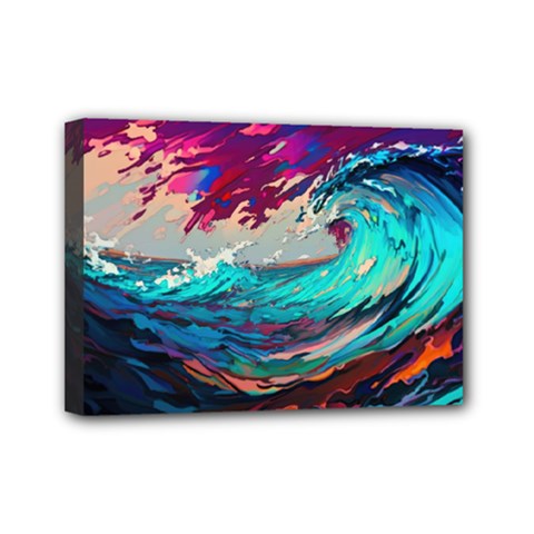 Tsunami Waves Ocean Sea Nautical Nature Water Painting Mini Canvas 7  X 5  (stretched)