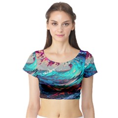 Tsunami Waves Ocean Sea Nautical Nature Water Painting Short Sleeve Crop Top by Jancukart