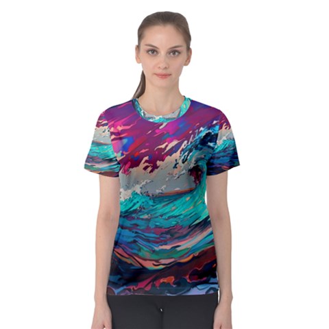 Tsunami Waves Ocean Sea Nautical Nature Water Painting Women s Sport Mesh Tee by Jancukart