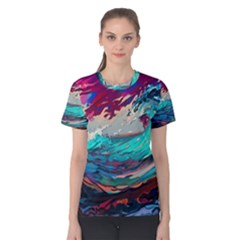 Tsunami Waves Ocean Sea Nautical Nature Water Painting Women s Cotton Tee