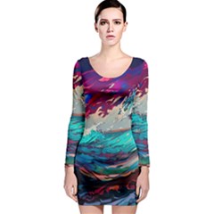 Tsunami Waves Ocean Sea Nautical Nature Water Painting Long Sleeve Bodycon Dress