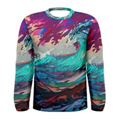 Tsunami Waves Ocean Sea Nautical Nature Water Painting Men s Long Sleeve Tee by Jancukart