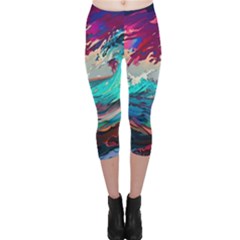 Tsunami Waves Ocean Sea Nautical Nature Water Painting Capri Leggings  by Jancukart