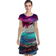 Tsunami Waves Ocean Sea Nautical Nature Water Painting Cap Sleeve Nightdress by Jancukart