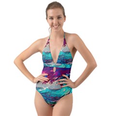 Tsunami Waves Ocean Sea Nautical Nature Water Painting Halter Cut-out One Piece Swimsuit