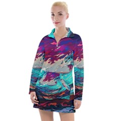 Tsunami Waves Ocean Sea Nautical Nature Water Painting Women s Long Sleeve Casual Dress by Jancukart