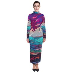 Tsunami Waves Ocean Sea Nautical Nature Water Painting Turtleneck Maxi Dress by Jancukart