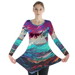 Tsunami Waves Ocean Sea Nautical Nature Water Painting Long Sleeve Tunic  by Jancukart