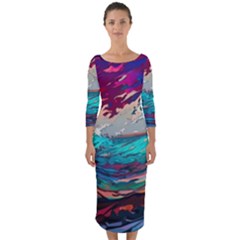 Tsunami Waves Ocean Sea Nautical Nature Water Painting Quarter Sleeve Midi Bodycon Dress