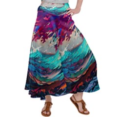 Tsunami Waves Ocean Sea Nautical Nature Water Painting Women s Satin Palazzo Pants by Jancukart