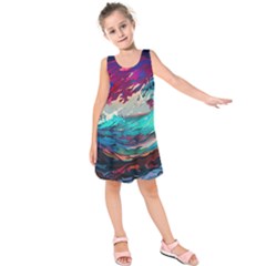 Tsunami Waves Ocean Sea Nautical Nature Water Painting Kids  Sleeveless Dress by Jancukart