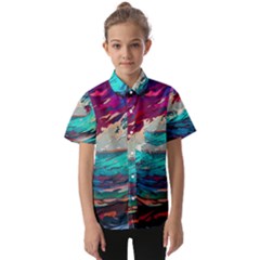 Tsunami Waves Ocean Sea Nautical Nature Water Painting Kids  Short Sleeve Shirt by Jancukart