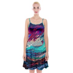 Tsunami Waves Ocean Sea Nautical Nature Water Painting Spaghetti Strap Velvet Dress by Jancukart