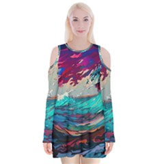 Tsunami Waves Ocean Sea Nautical Nature Water Painting Velvet Long Sleeve Shoulder Cutout Dress