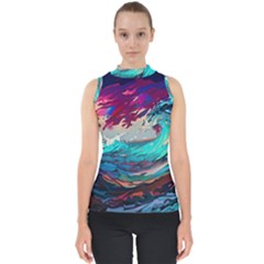 Tsunami Waves Ocean Sea Nautical Nature Water Painting Mock Neck Shell Top