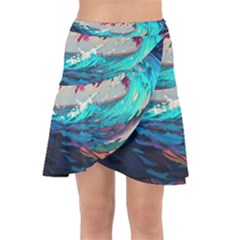 Tsunami Waves Ocean Sea Nautical Nature Water Painting Wrap Front Skirt by Jancukart