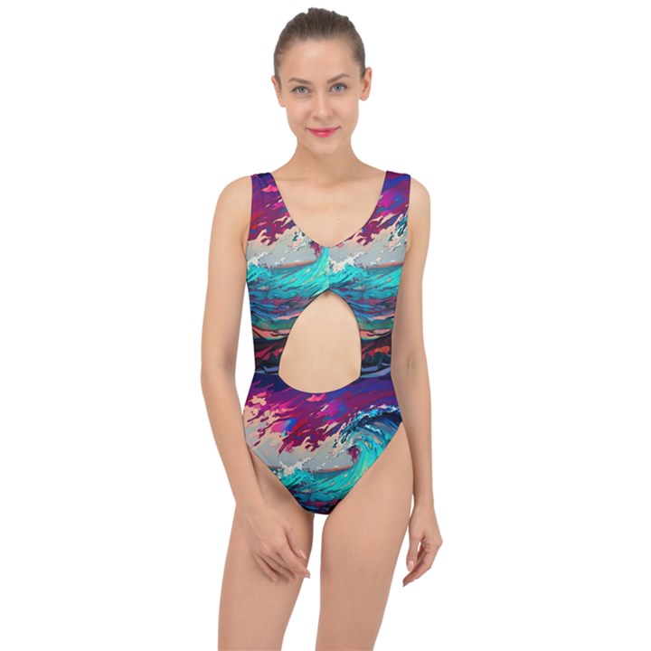 Tsunami Waves Ocean Sea Nautical Nature Water Painting Center Cut Out Swimsuit