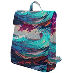 Tsunami Waves Ocean Sea Nautical Nature Water Painting Flap Top Backpack by Jancukart