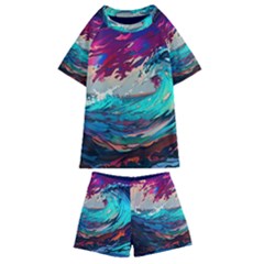 Tsunami Waves Ocean Sea Nautical Nature Water Painting Kids  Swim Tee And Shorts Set by Jancukart