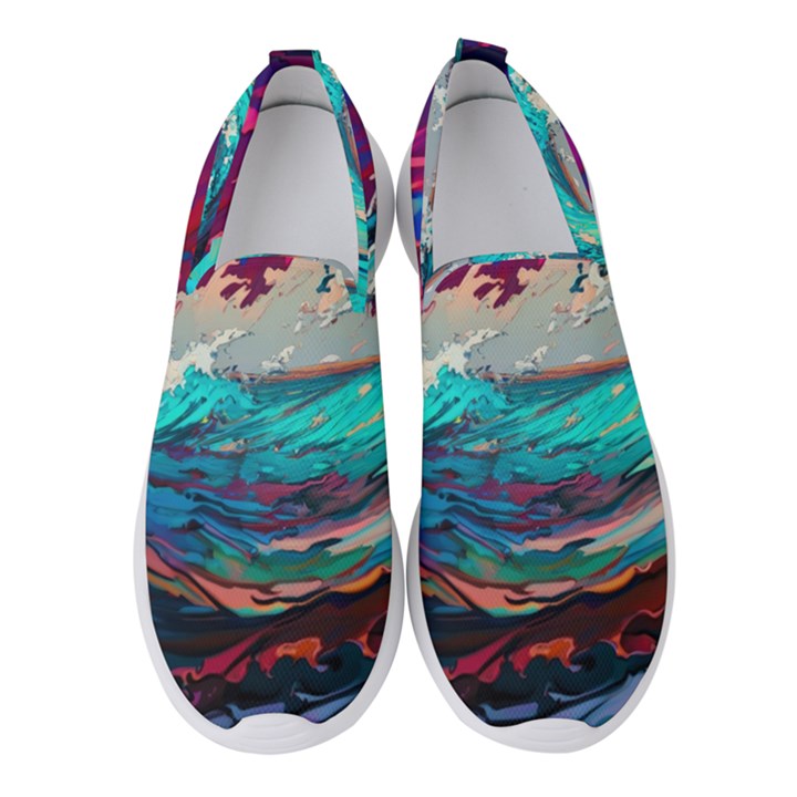 Tsunami Waves Ocean Sea Nautical Nature Water Painting Women s Slip On Sneakers